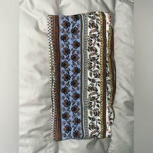 Blue and brown patterned bandeau cropped top